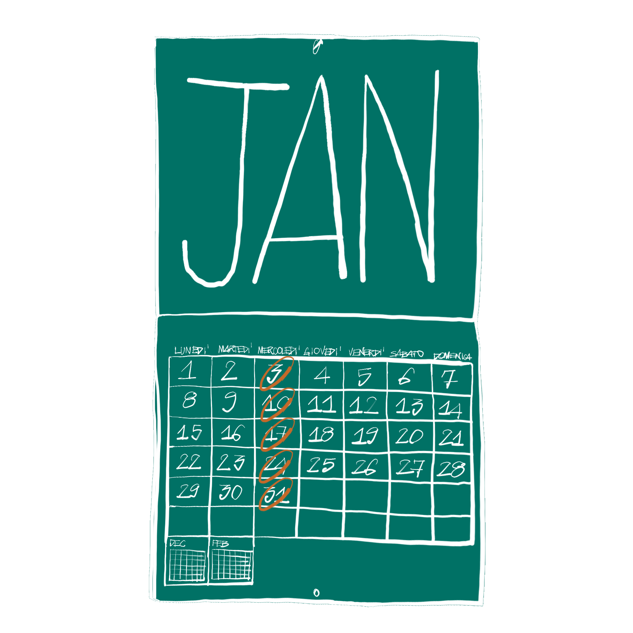 Een kalender waarop de weken van de cursus al zijn aangegeven